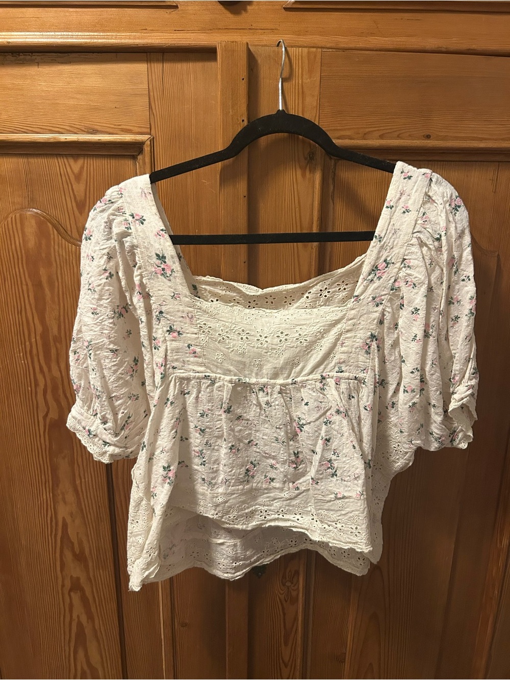 Neuflora White Eyelet Peasant Blouse with Pink Floral Print